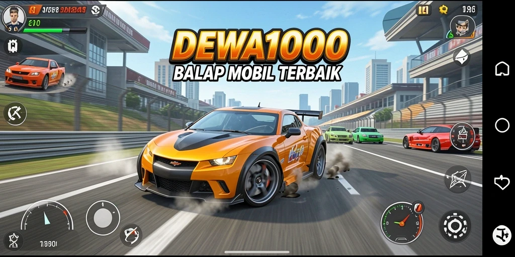 Tampilan gameplay DEWA1000 dengan balapan mendebarkan dan mobil balap terbaik.