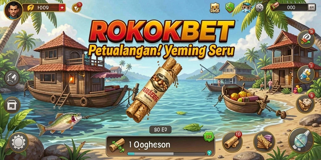 Screenshot gameplay ROKOKBET menunjukkan momen seru saat menangkap ikan.