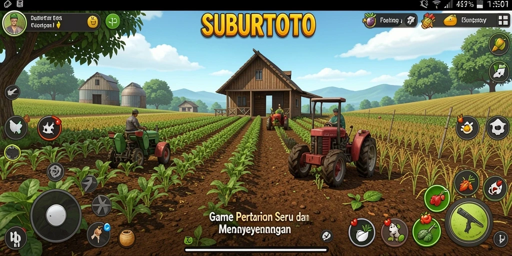Screenshot gameplay SUBURTOTO menampilkan aktivitas bertani yang menarik.